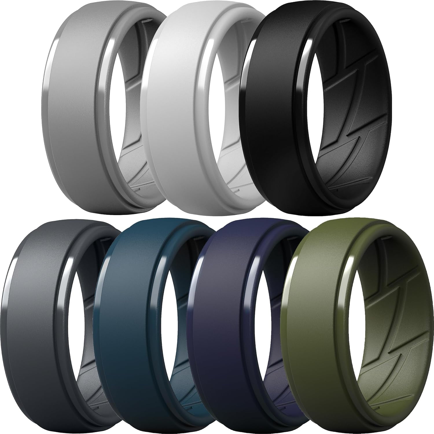 ZZZL Men's Silicone Rings 10mm Width 2.5mm Thick, Breathable, Assorted Multipacks (1-7 Pack) Charcoal Black, Iron Gray, Concrete Gray, Navy Blue, Midnight Blue, Olive Green, Light Gray, Size 14.5-15