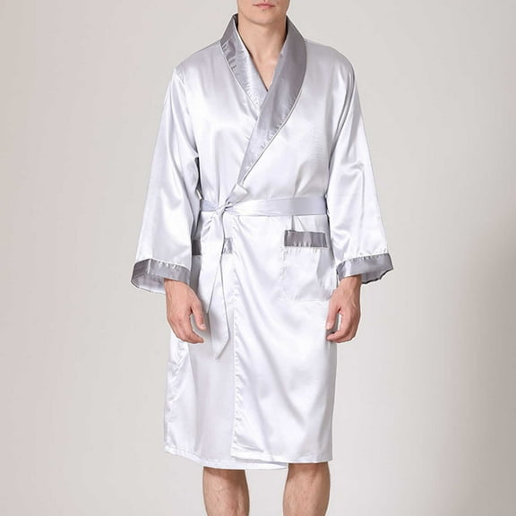 Men's Silk Bathrobe Ice Silk Long Sleeve Cardigan Loose Fit Pajama Nightgown