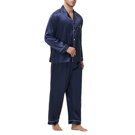 Men's Silk Feel Pajama Set Long Sleeve Turn Down Collar Button Closure Loungewear 100% Polyester