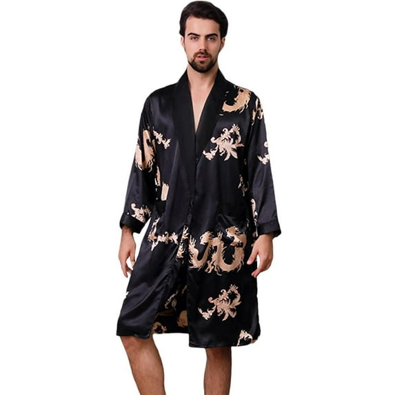 Men's Silk Printed Bathrobes Long Sleeve Satin Kimono Robe