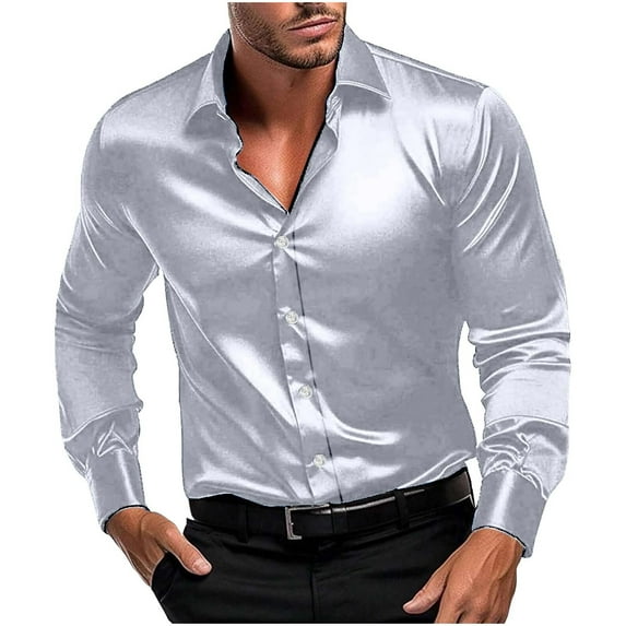 Men's Silk Satin Dress Shirts Long Sleeve Button Up Shirts Party Prom Wedding Shirt Retro Casual Regular Fit Blouse