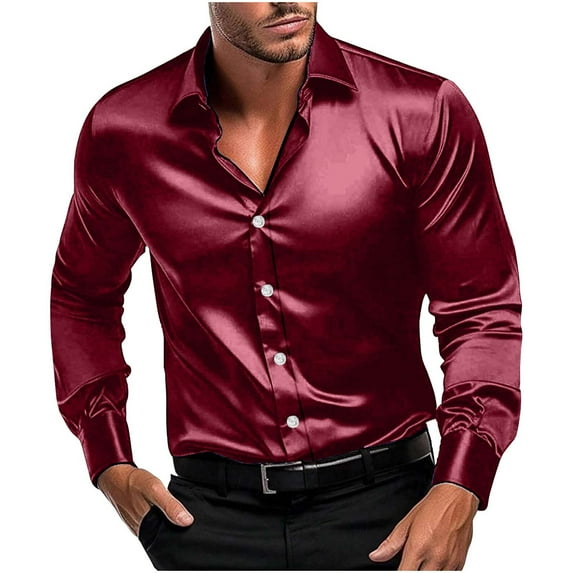 Men's Silk Satin Dress Shirts Long Sleeve Button Up Shirts Party Prom Wedding Shirt Retro Casual Regular Fit Blouse
