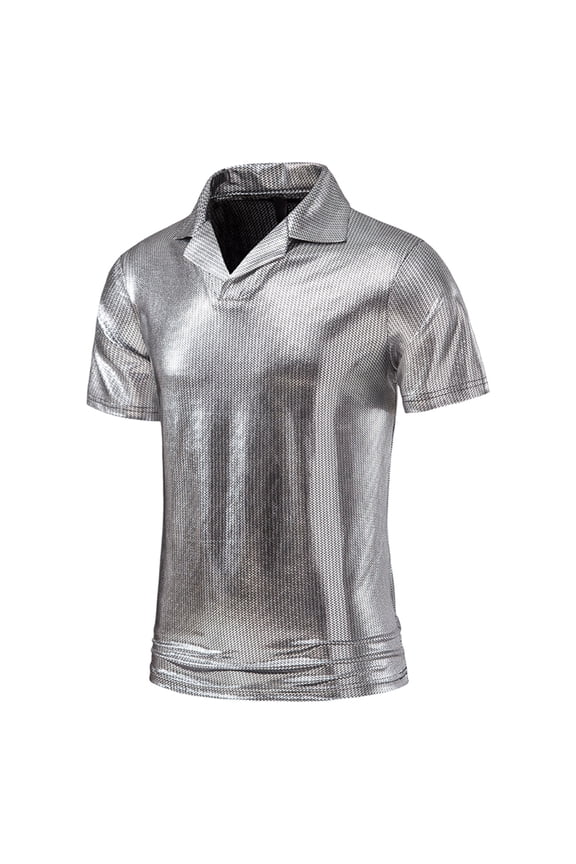 Men's Silk Satin Dress Shirts Short Sleeve Shiny Casual Lapel V Neck Shirts Luxury Party Disco Prom Wedding Shirt