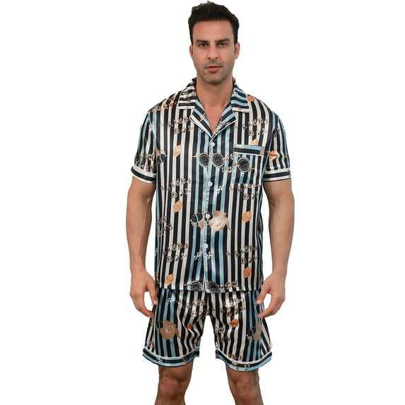 Men's Silk Satin Pajama Set Short Sleeve Classic Pajama Tie Button Loungewear with Shorts