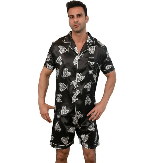 Men's Silk Satin Pajama Set Short Sleeve Classic Pajama Tie Button Loungewear with Shorts