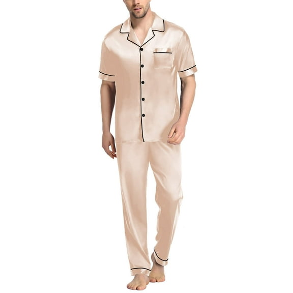 Men's Silk Satin Pajama Set Short Sleeve Classic Sleepwear Button Down Loungewear with Long Pants