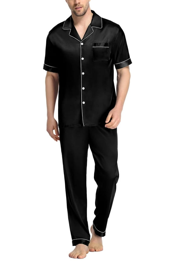 Men's Silk Satin Pajama Set Short Sleeve Classic Sleepwear Button Down Loungewear with Long Pants