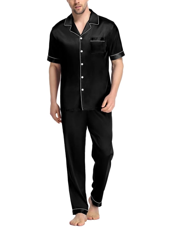 Men's Silk Satin Pajama Set Short Sleeve Classic Sleepwear Button Down Loungewear with Long Pants