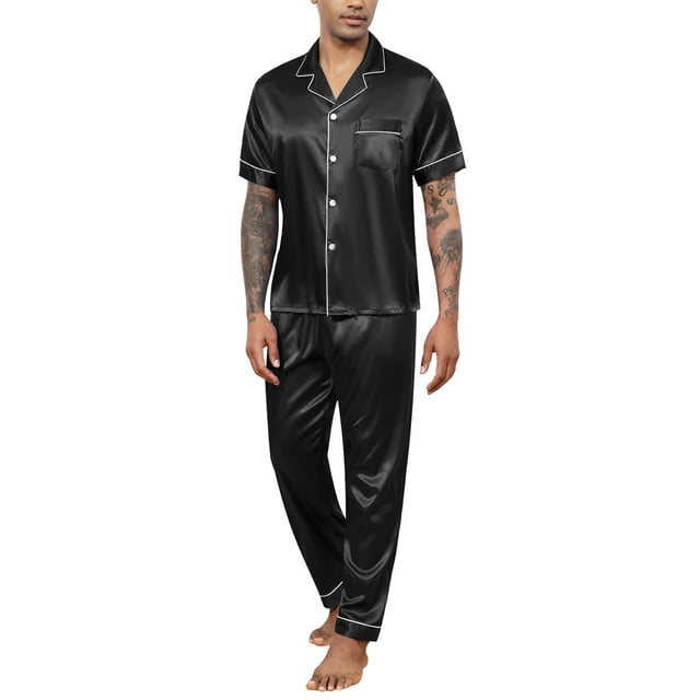 Men's Silk Satin Pajama Set Short Sleeve Classic Sleepwear Button Down ...