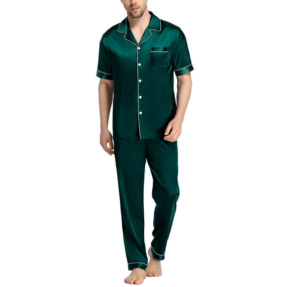 Men's Silk Satin Pajama Set Short Sleeve Classic Sleepwear Button Down Loungewear with Long Pants