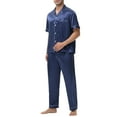 thumbnail image 1 of Men‘s Silk Satin Pyjama Set Short Sleeve Button Down Shirt with Long Pants Silky Pjs Notch Collar Loungewear Navy L, 1 of 5