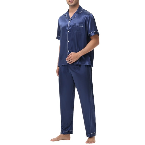 Men‘s Silk Satin Pyjama Set Short Sleeve Button Down Shirt with Long Pants Silky Pjs Notch Collar Loungewear Navy L