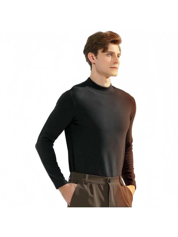 Men's Silk & Wool Blend Thermal Underwear Shirt, Mid Neck Base Layer with Air Layer Technology, Warm +6°C, Black, Sizes 3XL