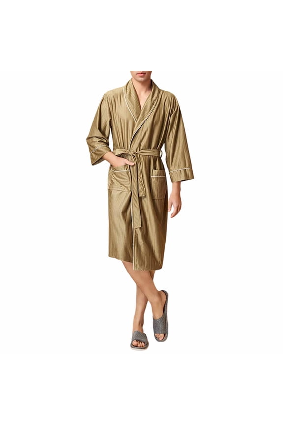 Men's Silky Modal Bathrobe 3/4 Sleeve Lightweight Kimono Robe with Contrast Piping and Pockets