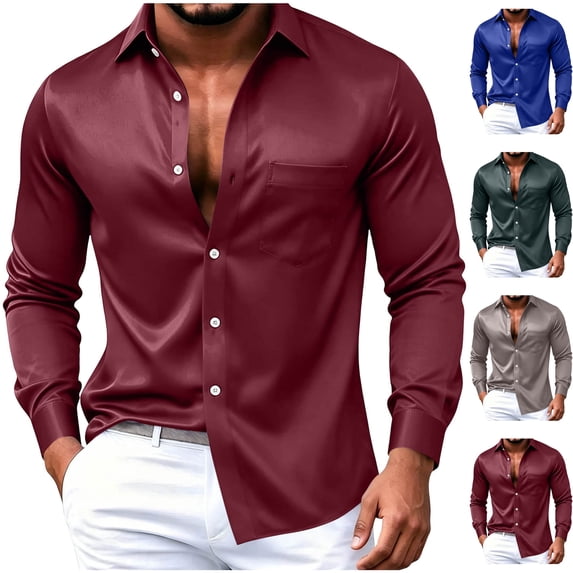 Men's Silky Satin Dress Button Down Shirt Long Sleeve Wrinkle Free Glossy with Chest Pocket for Wedding Party Cruise Travel, Red, XL