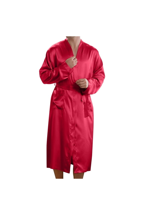 Men's Silky Satin Robe Long Sleeve Belt Kimono Bathrobe with Pockets Comfy Solid Color Long Lightweight Sleepwear