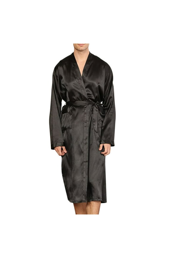 Men's Silky Satin Robe Long Sleeve House Kimono Bathrobe with Belt Comfy Solid Color V Neck Long Lightweight Sleepwear