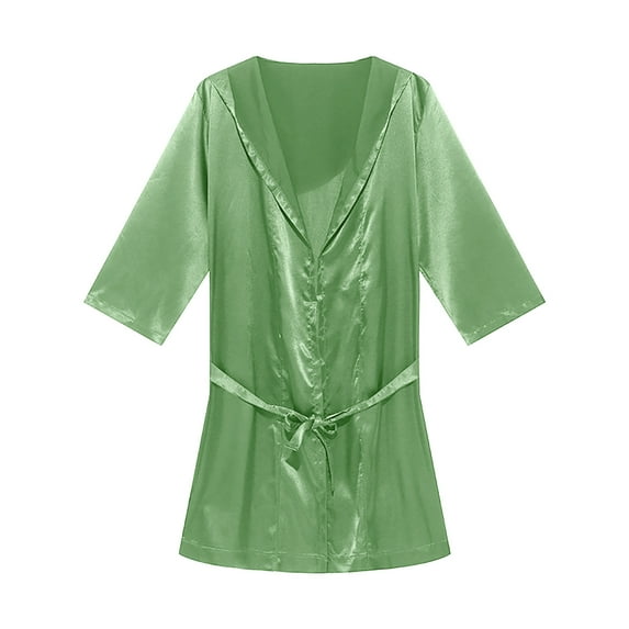 Men's Silky Satin Robe Solid Color Kimono Long Sleeve Bathrobe with Belt Lightweight Soft Comfort Short Loungewear Nightwear