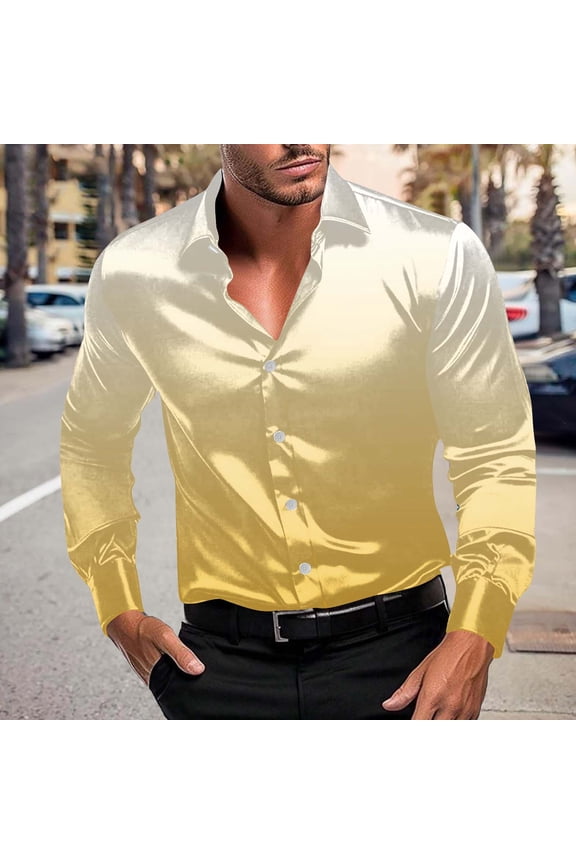 Men's Silky Satin Shirts Long Sleeve Button Down Gradient Color Collared Blouses Dressy Casual Fall Spring Tops (2XL, Yellow)