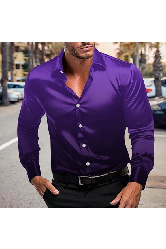 Men's Silky Satin Shirts Long Sleeve Button Down Gradient Color Collared Blouses Dressy Casual Fall Spring Tops (L, Purple)