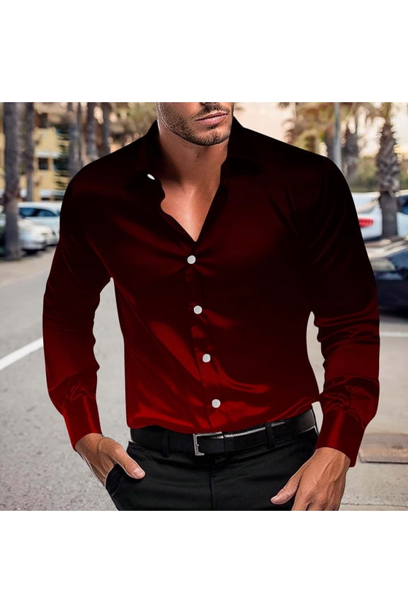 Men's Silky Satin Shirts Long Sleeve Button Down Gradient Color Collared Blouses Dressy Casual Fall Spring Tops (M, Wine)
