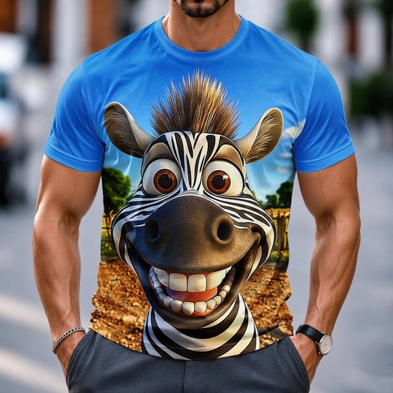 Men's Silly Zebra Print Tee, Big-eyed Buck-toothed Zebra Face 3D All-over Graphic, Short Sleeve Round Neck T-Shirt, Comfortable Moisture-wicking Fabric, Novelty Animal Top for Summer Casual