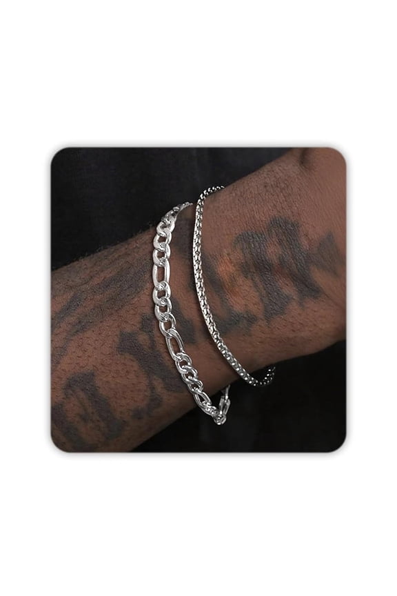 Men’s Silver Bracelet Set – Stainless Steel Cuban Link & Rope Chain, Adjustable Waterproof Jewelry for Men