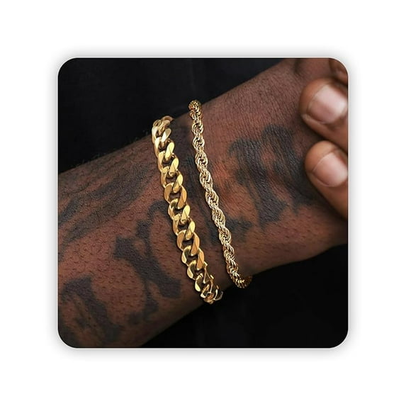 Men’s Silver Bracelet Set – Stainless Steel Cuban Link & Rope Chain, Adjustable Waterproof Jewelry for Men