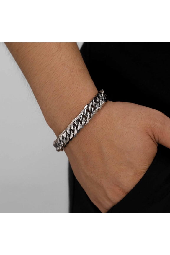 Men's Silver Cuban Link Chain Bracelet, 8.5 inches Titanium Steel Vintage Cubrn Bracelet, Edgy Gift for Men