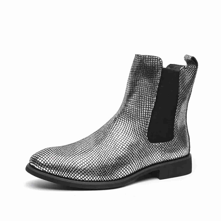grey dress boots for men XBTEVUDAK Men's Silver Metallic Mesh Chelsea White Veil