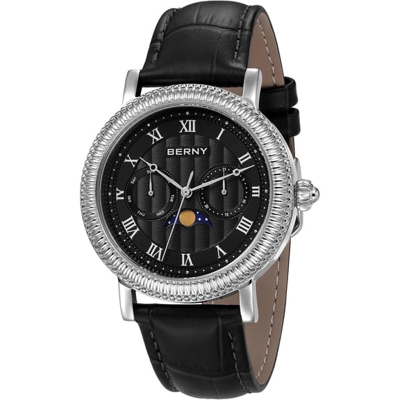 Men's Silver Moon Phase Multi-Function Analog Quartz Watch with Date Calendar