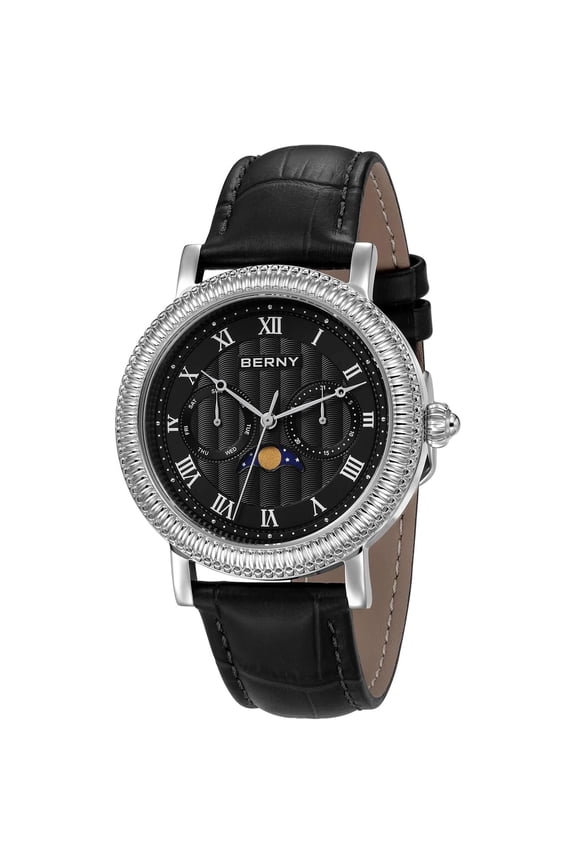 Men's Silver Moon Phase Multi-Function Analog Quartz Watch with Date Calendar