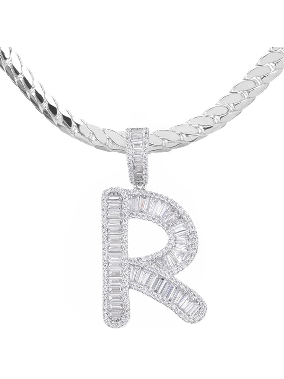 Men's Silver Plated Iced Baguette Letter R 24" Miami Cuban Chain Initial Necklace MCPB R 2