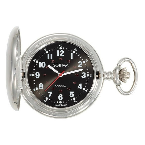 Men's Silver-Tone Black Dial Covered Quartz Pocket Watch with Chain # GWC15042SB