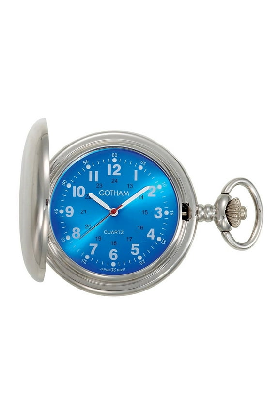 Men's Silver-Tone Blue Dial Covered Quartz Pocket Watch with Chain # GWC15042SBL