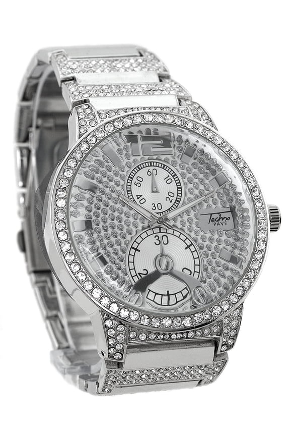 Mens Silver-Tone CZ Business Clubbing Watch 48mm Bling Dial, Metal Link Bracelet