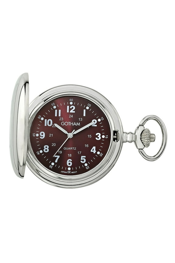 Men's Silver-Tone Polished Finish Covered Quartz Pocket Watch with Chain # GWC15042SM