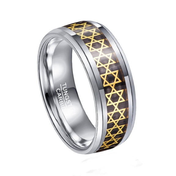 Men's Silver Tungsten Steel Ring Gold Hexagram Pattern Inlaid