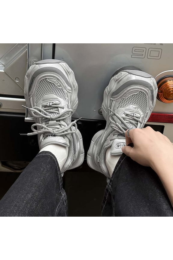 Men's Silver Vintage Chunky Mesh Sneakers Shock Absorbing Non Slip Height Increasing Retro Street Walking Shoes