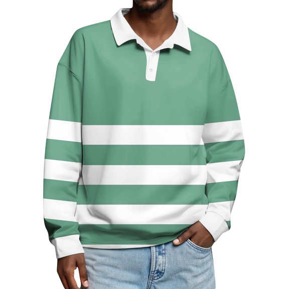 Men's Simple Casual Color-Blocked Striped Print Button-Down Long Sleeve Polo Shirt for Dynamic Style, Modern Pattern Mix for Fashion Forward Look,Mint Green,M
