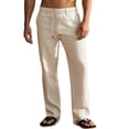 thumbnail image 1 of Men's Simple Casual Elastic Waist Drawstring Straight Leg Linen Pants Khaki XL, 1 of 10