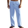 thumbnail image 1 of Men's Simple Casual Elastic Waist Drawstring Straight Leg Linen Pants Light Blue XXL, 1 of 10