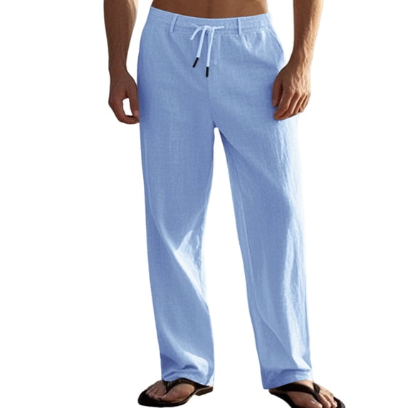 Men's Simple Casual Elastic Waist Drawstring Straight Leg Linen Pants Light Blue XXL