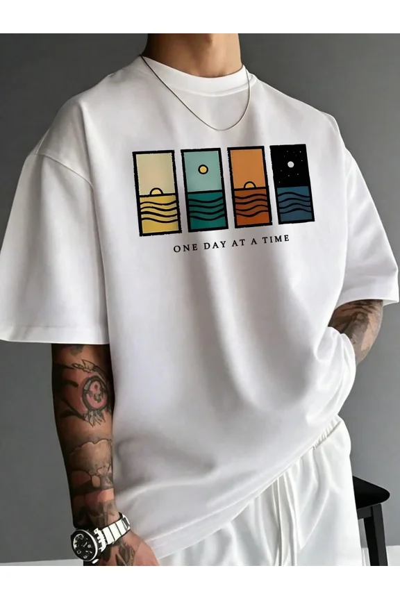 Men's Simple Graphic Print Short Sleeve T-Shirt, Comfortable Breathable Fashion Summer Tee
