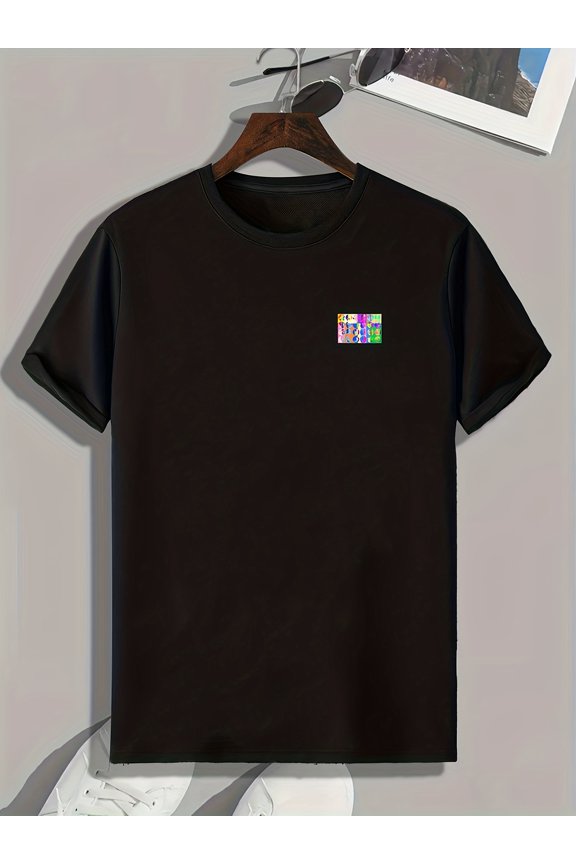 Men's Simple Style Casual Geometric Graphic Print Tees, Comfy Short Sleeve Crew Neck T-shirt Home Pajamas Top Men's Summer Outdoor Clothing