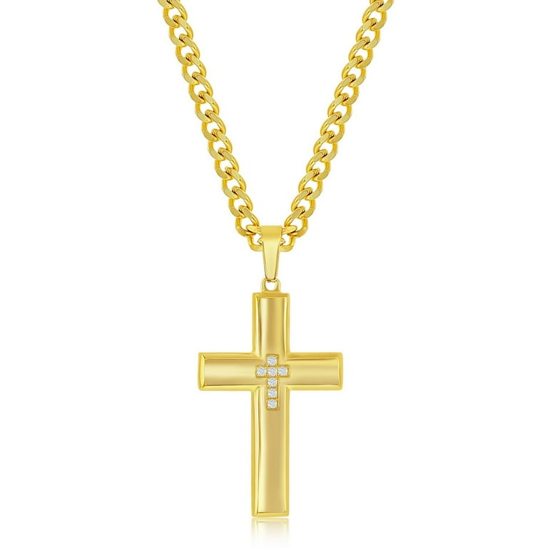 Men s Simulated Diamond CZ Cross Pendant Necklace Gold Plated