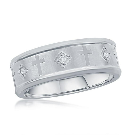 Men’s Simulated Diamond CZ Cross Ring | Brushed & Polished Stainless-Steel Band | Comfort Fit Jewelry for Men-Size 12