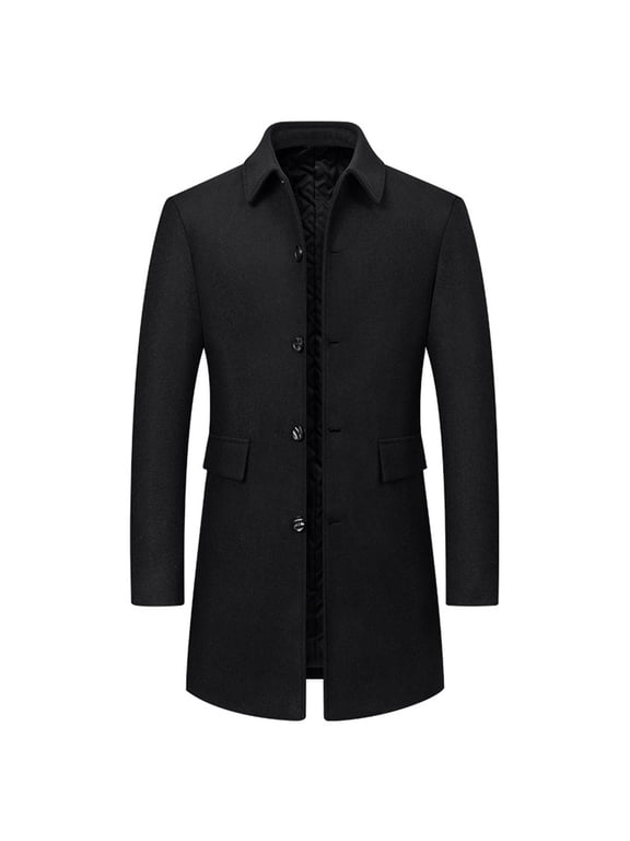 Men's Single Breasted Trench Coat Button Down Overcoat Warm Dress Pea Coats Lapel Neck Overcoat Slim Fit Mid-Length Business Trench Coat Outerwear Black L