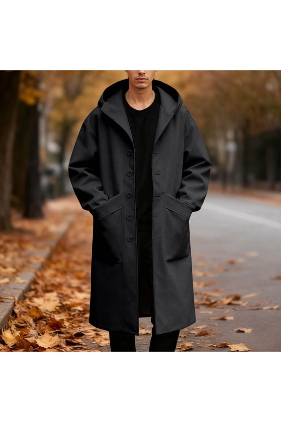 Men's Single Trench Coat Mid-Long Fall Winter Jackets (Black XXXL)