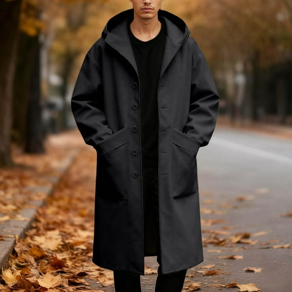 Men's Single Breasted Trench Coat Mid-Long Fall Winter Jackets (Black XXXXXXS)